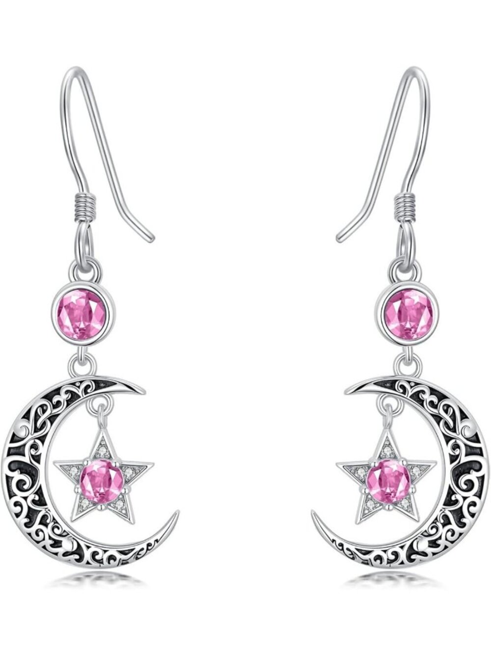 Crescent Moon Star Birthstone Dangle Earrings | 925 Sterling Silver Vintage